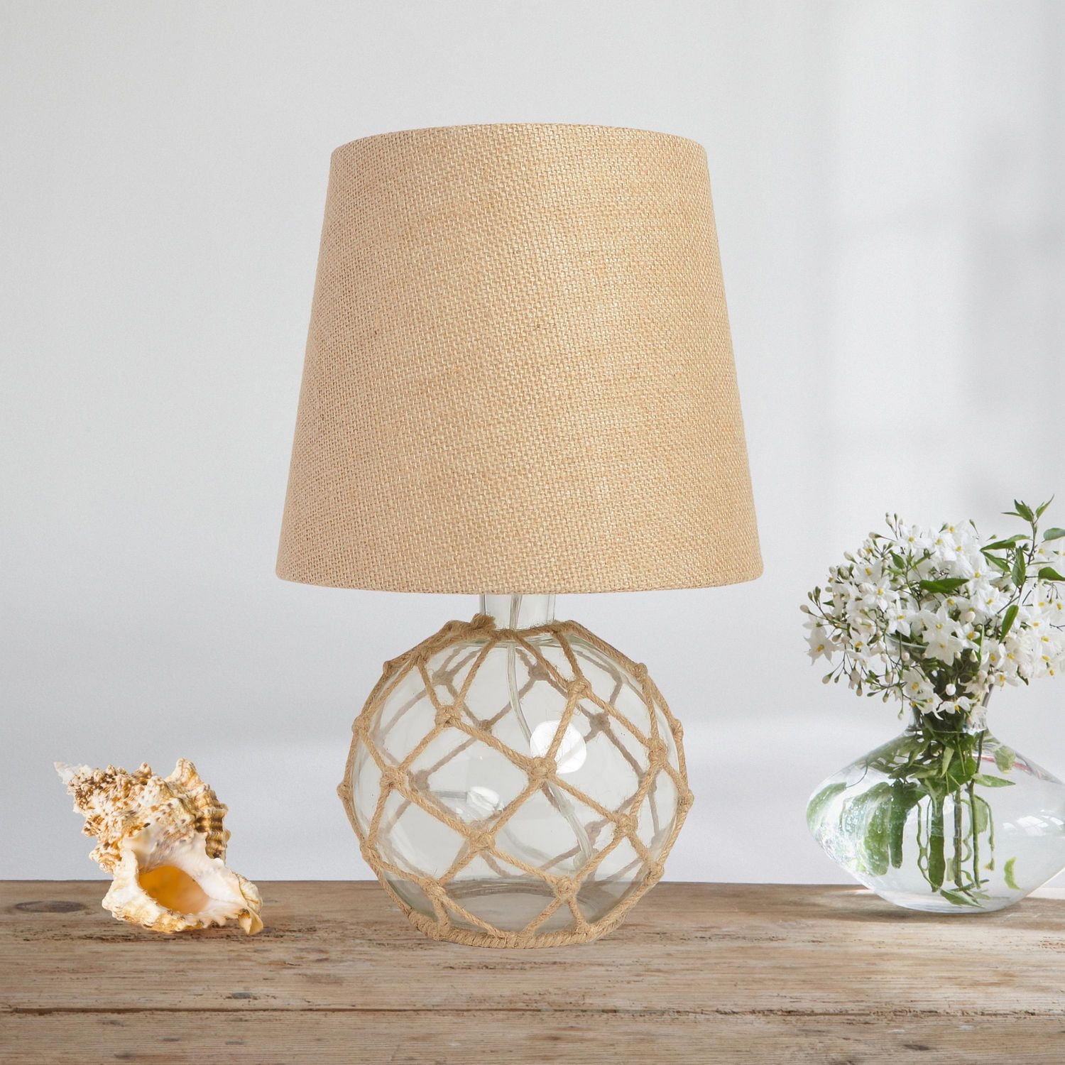 Elegant Designs Buoy Rope Nautical Netted Coastal Ocean Sea Glass Table Lamp with Burlap Fabric Shade