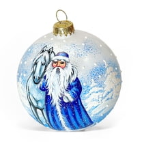 STP Goods Father Frost with Horse Glass Christmas Ball Ornament 3.9" (10 cm) Hand-Painted Christmas Tree Ornament Collectible Christmas Tree Hanging Decoration, Blue White