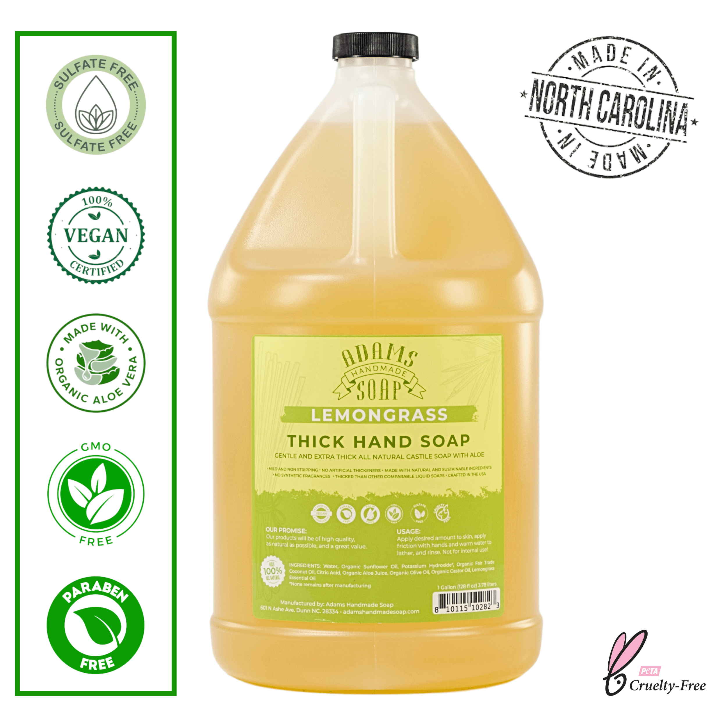 Lemongrass Organic Liquid Castile Hand Soap 1 Gallon Refill Adams Handmade Soap