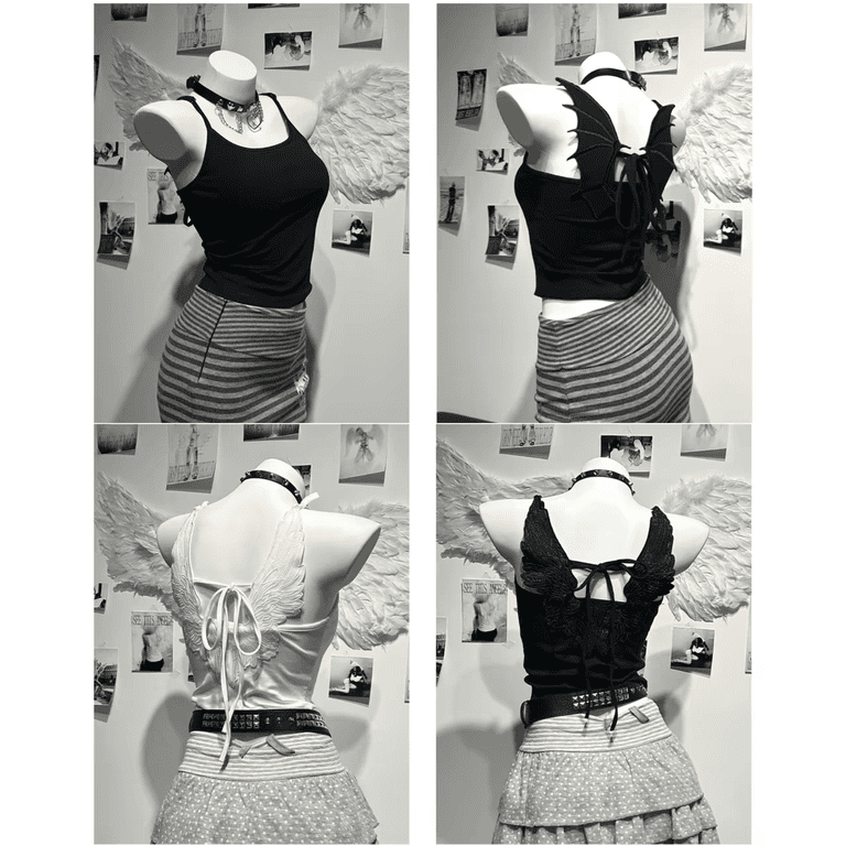 Womens Angel Wings Tank Tops Open Back Lace-Up Camisole Top, Women
