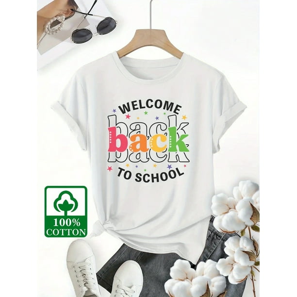 Back to Graphic T-Shirt - Welcome Back to Design with Stars - Soft Breathable 100% Cotton, Back-to-Class Parties - Black Tee with Multicolor Lettering - Casual Wear, Comfortable Fit, Round Neck Top