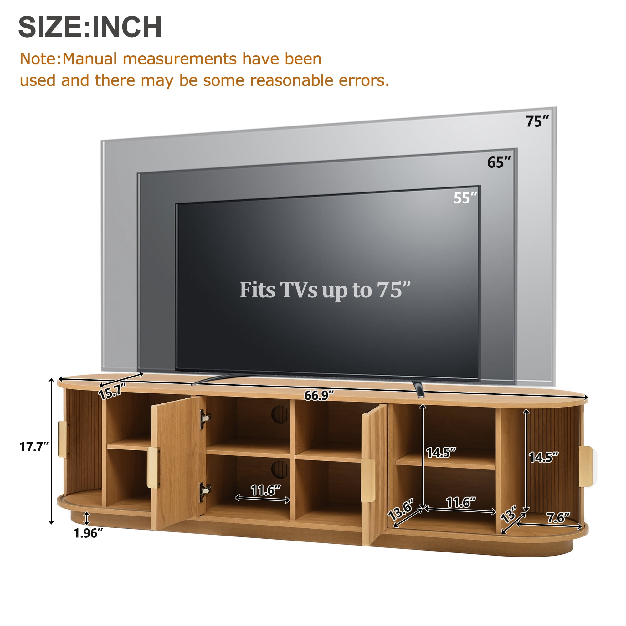 Miniyam Farmhouse Wooden TV Stand with Sliding Tambour Door for TVs up to 75", Fluted Media Console with Adjustable Storage, & Cable Holes for Living Room, Natural