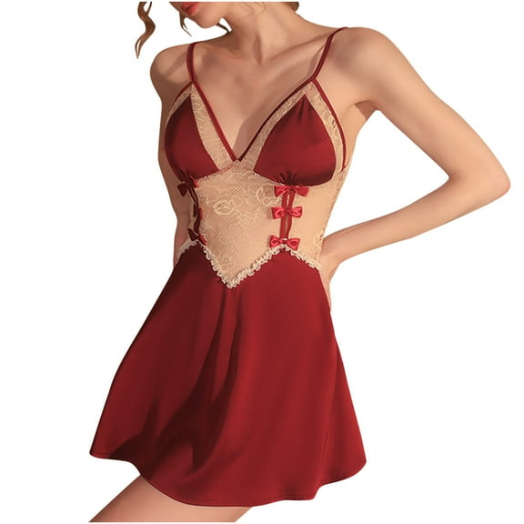 FRSASU Plus size Pajamas Women's Underwear Mesh Lace Slip Nightdress Home Wear Red Free Size(Free Size)