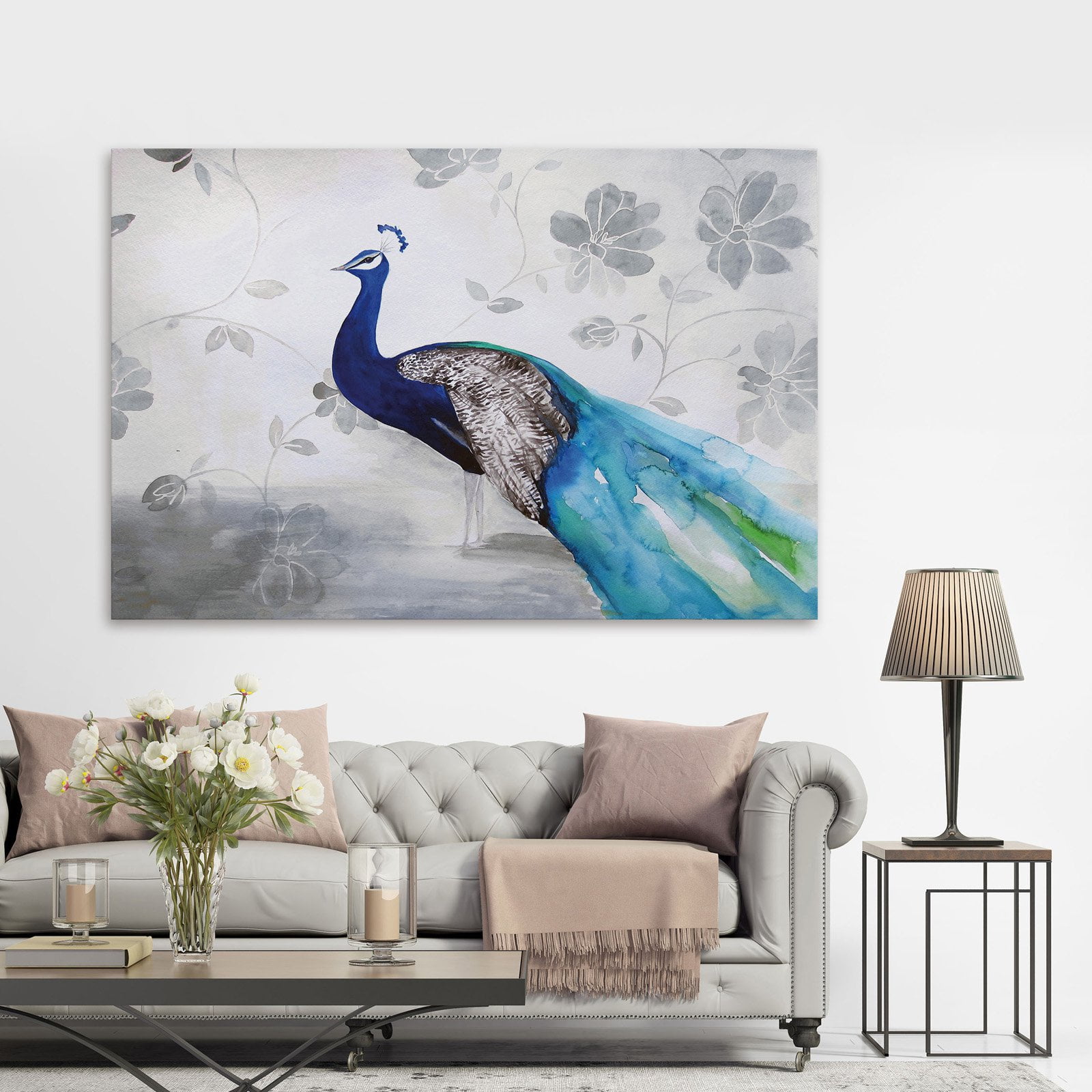 Marmont Hill "Peacock Fable Cool" by Christine Lindstrom Painting Print on Wrapped Canvas