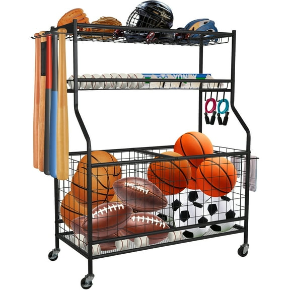 YOHKOH Garage Sports Equipment Organizer with Rolling Cart - Heavy Duty Ball Storage Rack, Bins & Hooks for Sports Gear and Toy Organization