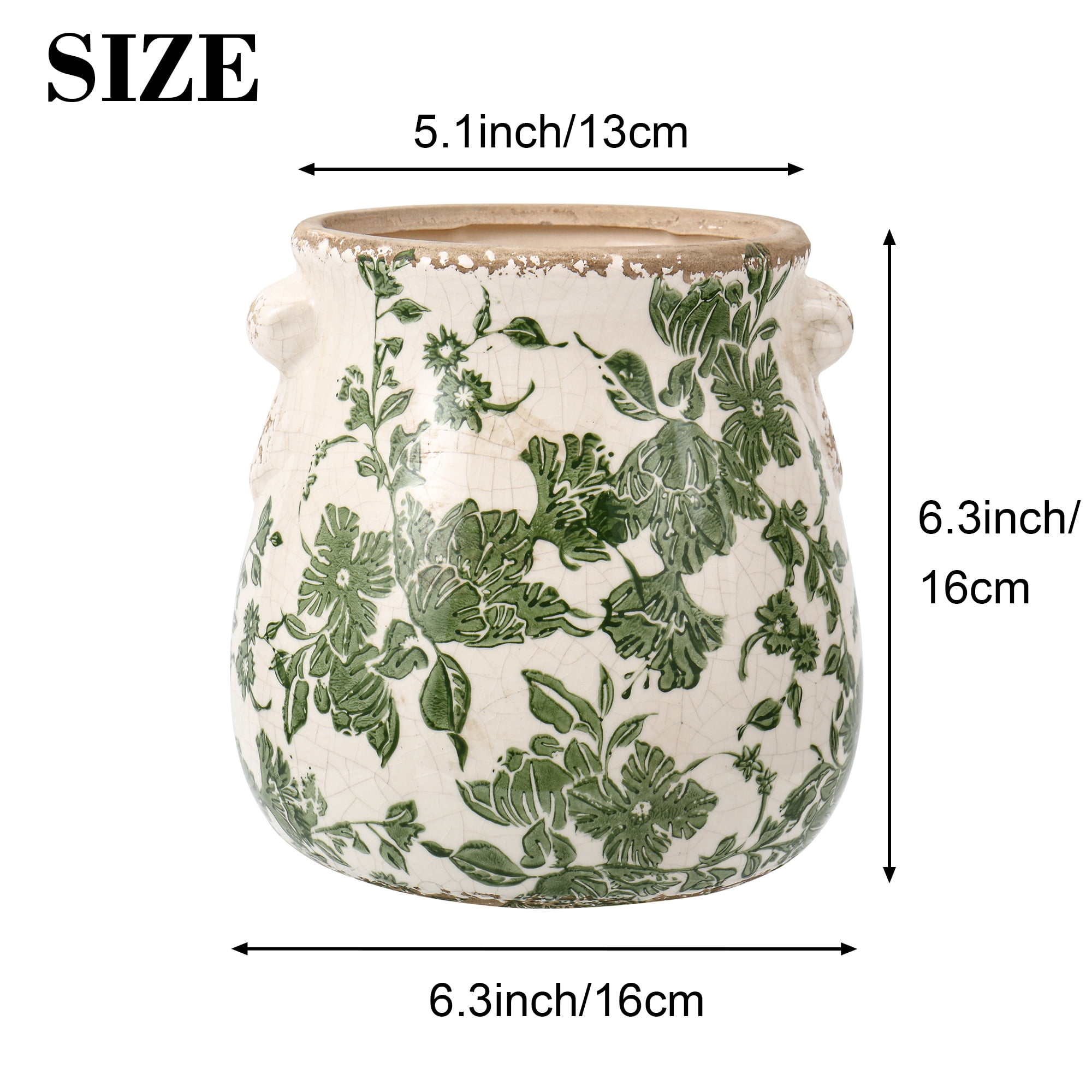Vintage Ceramic Planter with Drainage Hole – Floral Pot & Plant Vase for Indoor Greenery, Tuscan Gardening Decor, Green Ceramic Planter for Christmas & Home Decor(Green)