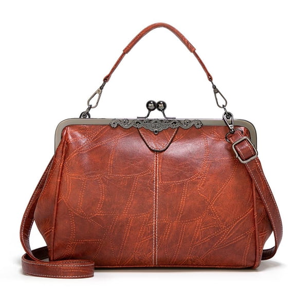 Vintage Textured Shoulder Purse for Women Top Handle Crossbody Bag PU Leather Handbag Fashion Kiss Lock Satchel for Daily Use and Work