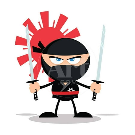 Angry Ninja Warrior Cartoon Mascot Character with Two Katana Flat Design Print Wall Art By HitToon