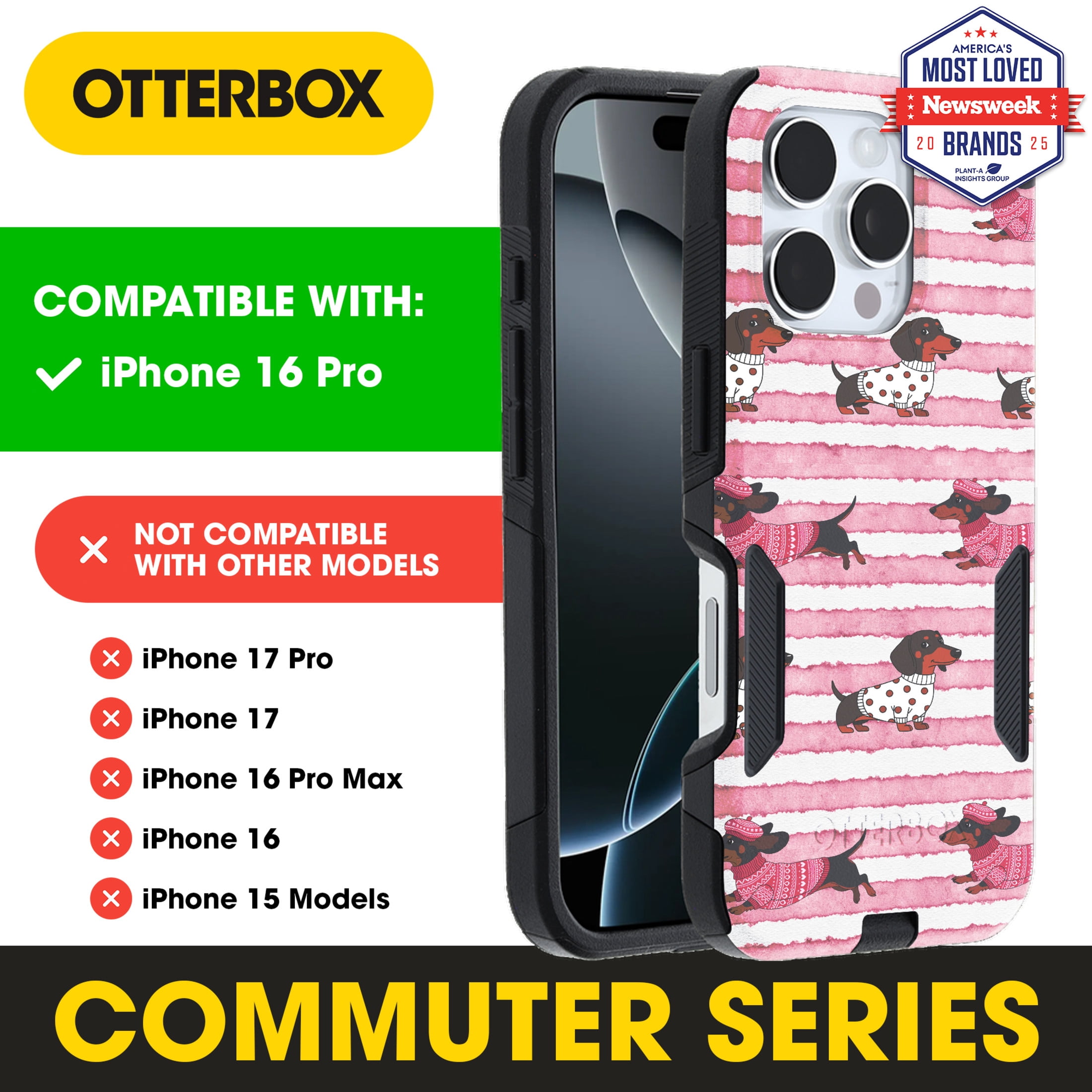 OtterBox iPhone 16 Pro (Only) – Commuter Series Case – Built-In MagSafe – Thin, Dual-Layer, Pocket-Friendly, Port Cover – Pet Lovers Dachshund Dog Design