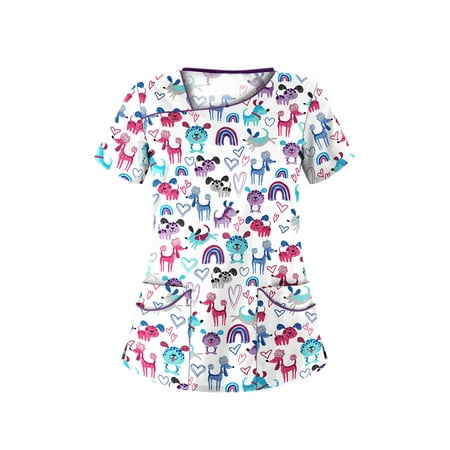 

Women’s Nurse Scrubs Tops Casual Short Sleeve V-neck Nurses Working Uniform Workwear Tunic Clinic Nursing Worker Wear with Pocket