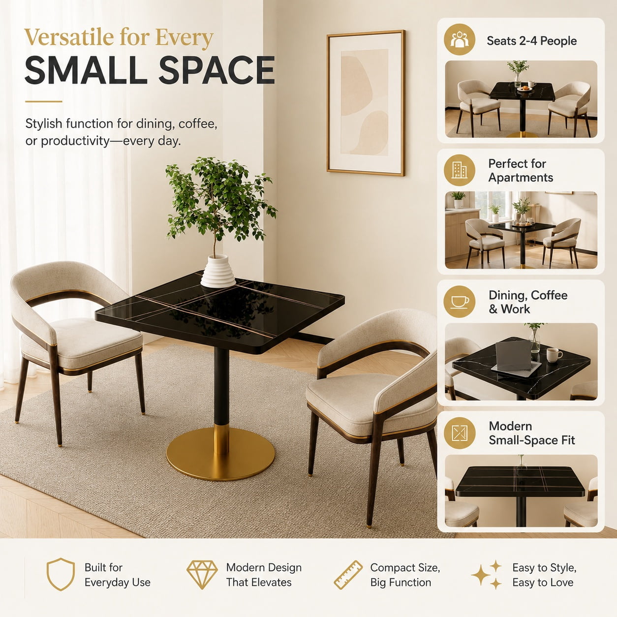 Aukfa 31.5" Square Dining Table for 2-4, Marble-Look Sintered Stone Top, Gold Pedestal Base, Small Spaces,Nero Black