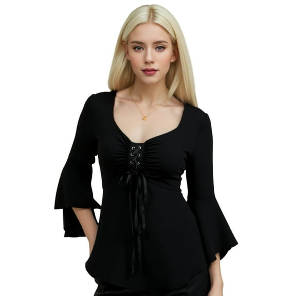 Women's Elegant Black Tie V Neck Top - Ruffle Hem and Flared Sleeves - Plus Size Casual Top BLACK 1XL-5XL