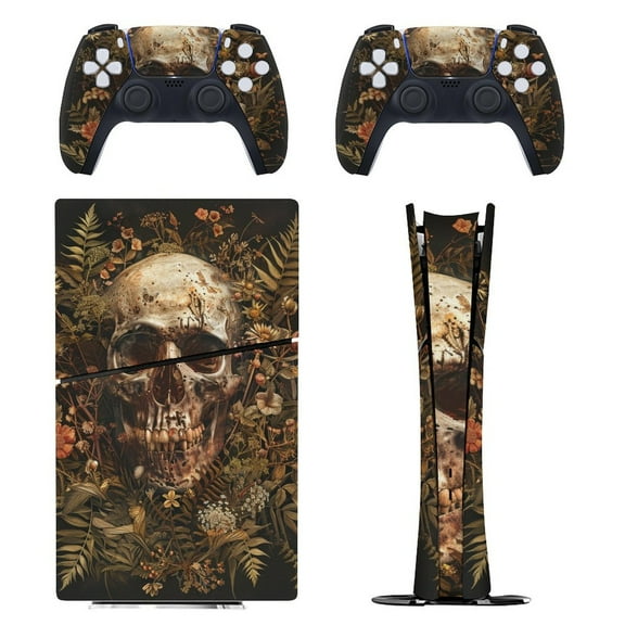 Skin Sticker for PS5 Slim Standard PS5 Pro Disc Digital Edition Console and Controllers Decals for Playstation 5 (Skull Flowers Illustration ,PS5 Pro Standard)