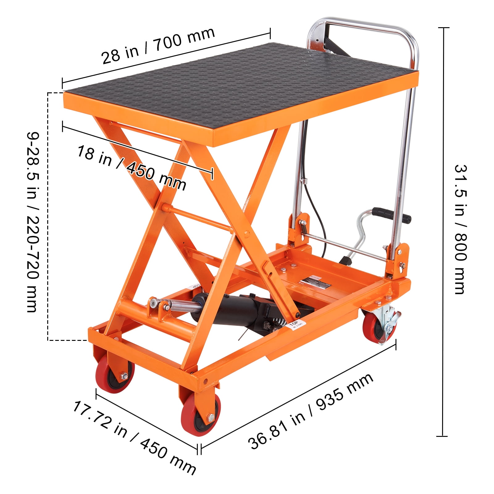 KFFKFF Hydraulic Lift Table Cart, 330lbs Capacity, 28.5" Max Height, Manual Single Scissor Lift with Wheels and Non-slip Surface for Material Handling and Transport