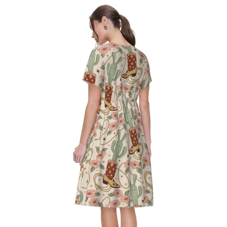 Horeoi Floral Cowboy Boots Print Women's Short Sleeve Dress Breathable Polyester-Spandex All-Over Print A-Line Side Pockets Elastic Waist, Size: 2XL Horeoi Floral Cowboy Boots Print Women's Short Sleeve Dress Breathable Polyester-Spandex All-Over Print A-Line Side Pockets Elastic Waist, Size: 2XL