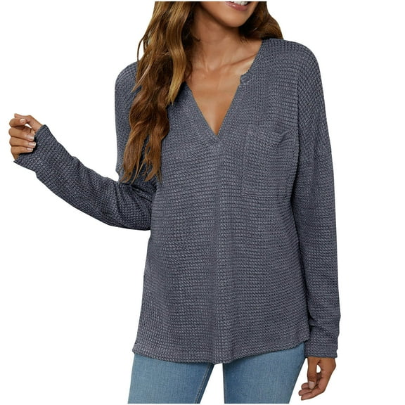 XFLWAM Women's V Neck Waffle Knit Henley Tops Casual Solid Color Long Sleeve Pullover Blouses with Pocket Gray S