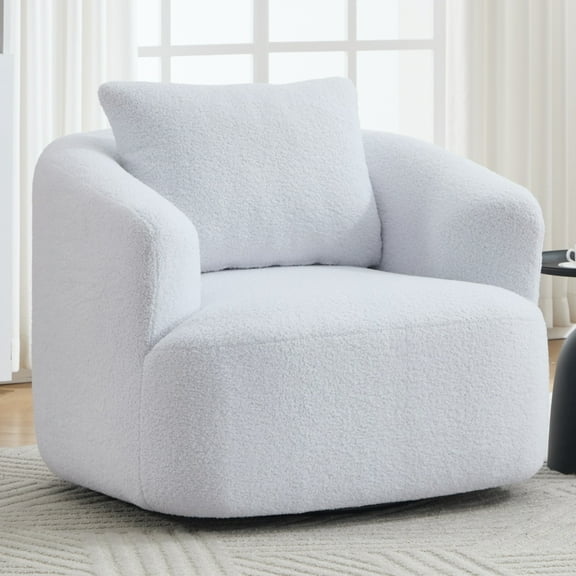 SEENYOO 37.40" Lounge Sofa, Sectional Sofas for Living Room, 360° Swivel Round Accent Chair with Soft Pillow, High-Resilience Sponge Teddy Fleece Single Sofa, No Assembly Required, White