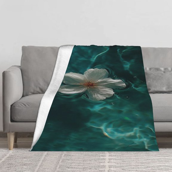 Soft Fleece Throw Blanket, White Flower Floating on Turquoise Water Ripple Art Print, Minimal Floral Calming Aesthetic Decor Fleece Blanket