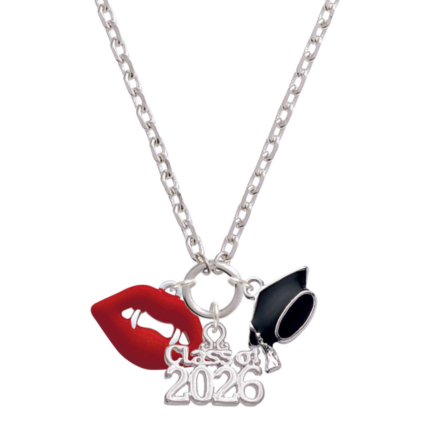 Delight Jewelry Silver-tone Red Enamel Vampire Lips - Class of 2026 Graduation Zoey Charm Necklace, 28"