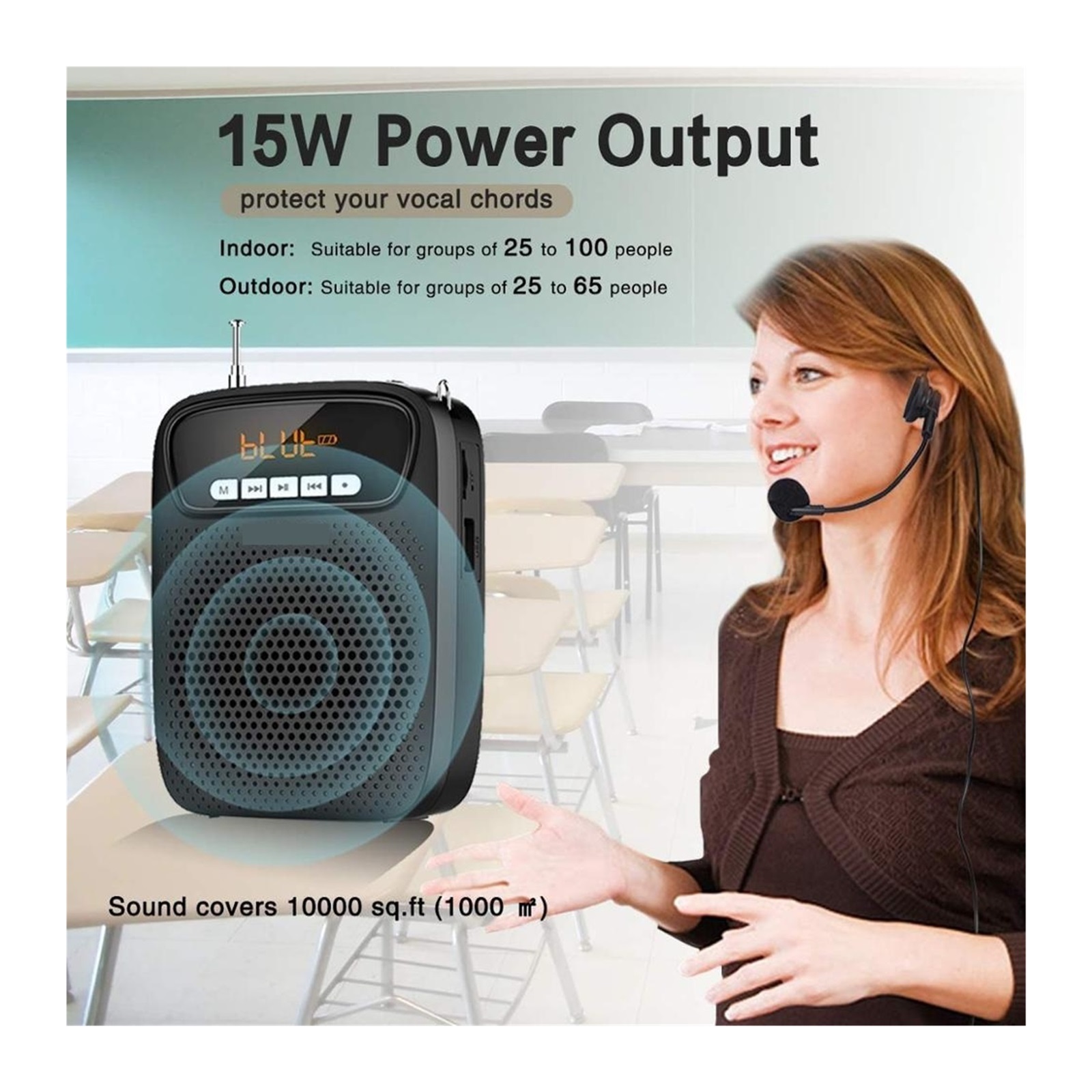 15W Portable Voice Amplifier Wired Microphone FM Radio AUX Audio Recording Speaker For Teachers Instructor ,Powerful Voice Amplifier