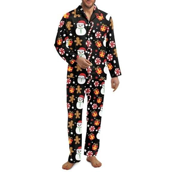 SCRAWLGOD Christmas 2 Piece Men's Pajama Set Anti-Wrinkle Button Down Long Sleeve Sleepwear Breathable Pj Set with Elastic Band Man Pajamas with Pockets, Snowman Gingerbread Man Candy Cane, XS