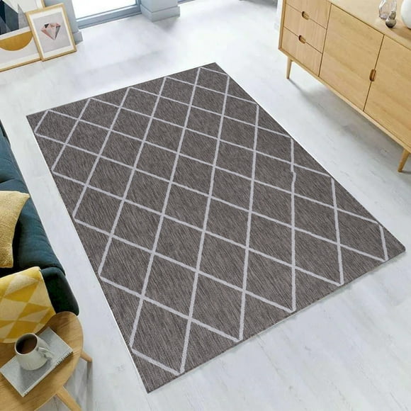 Tapis 2 Pieds x 3 Pieds Gemini Intérieur-Extérieur à Double Face avec Losanges Gris et Rayures Noires et Grises