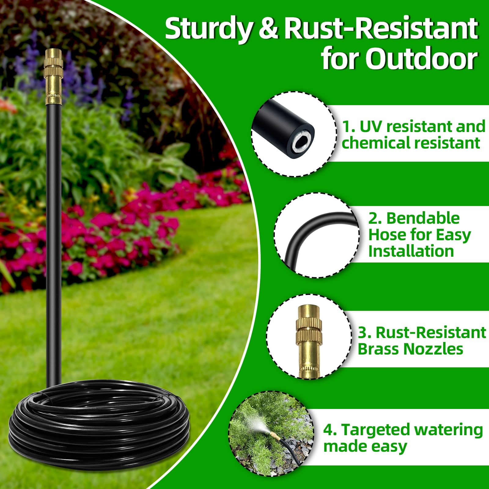 60 Ft Drip Irrigation System For Garden - Kit With 19 360°adjustable Copper Nozzles Hose  Automatic Atomizing Plant Watering Sprinkler Yard Lawn Greenhouse Potted