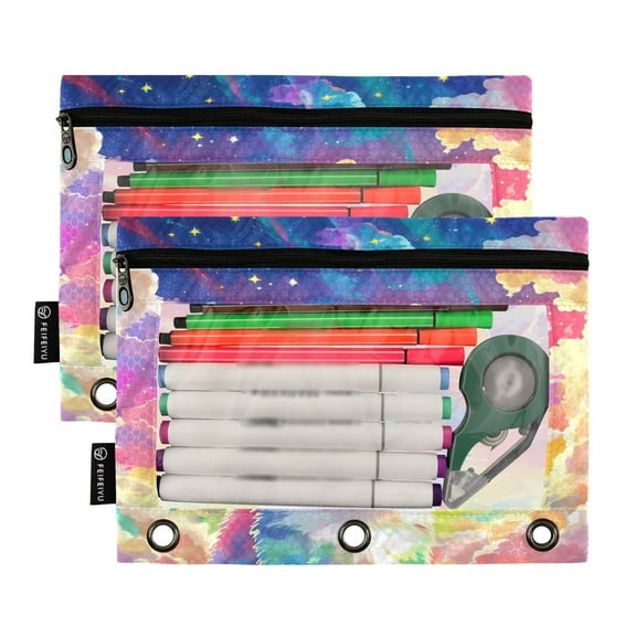 Ckdifva Rainbow Cat Clouds Pencil Pouch 3 Ring Zipper Pencil Case Binder Pockets Clear Top Cosmetic Bag 2 Pack
