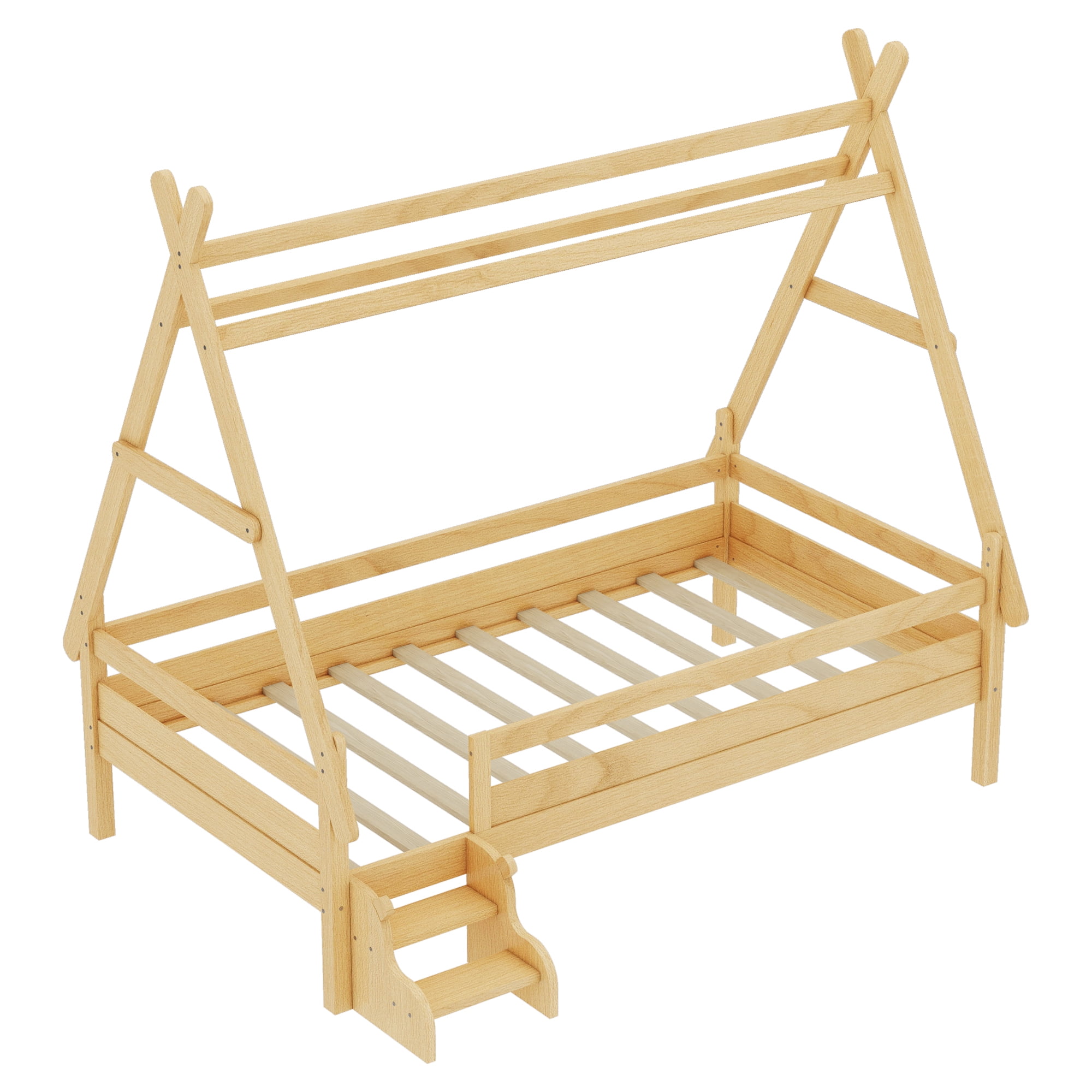 Miniyam Twin House Platform Bed with Stairs, Solid Wood Kids Bed with Low Profile Design, Natural