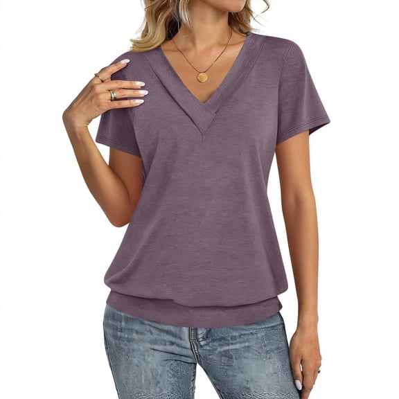 Womens Short Sleeve Tops V Neck Banded Bottom Summer T Shirt Casual Solid Color Basic Tees Light Purple L