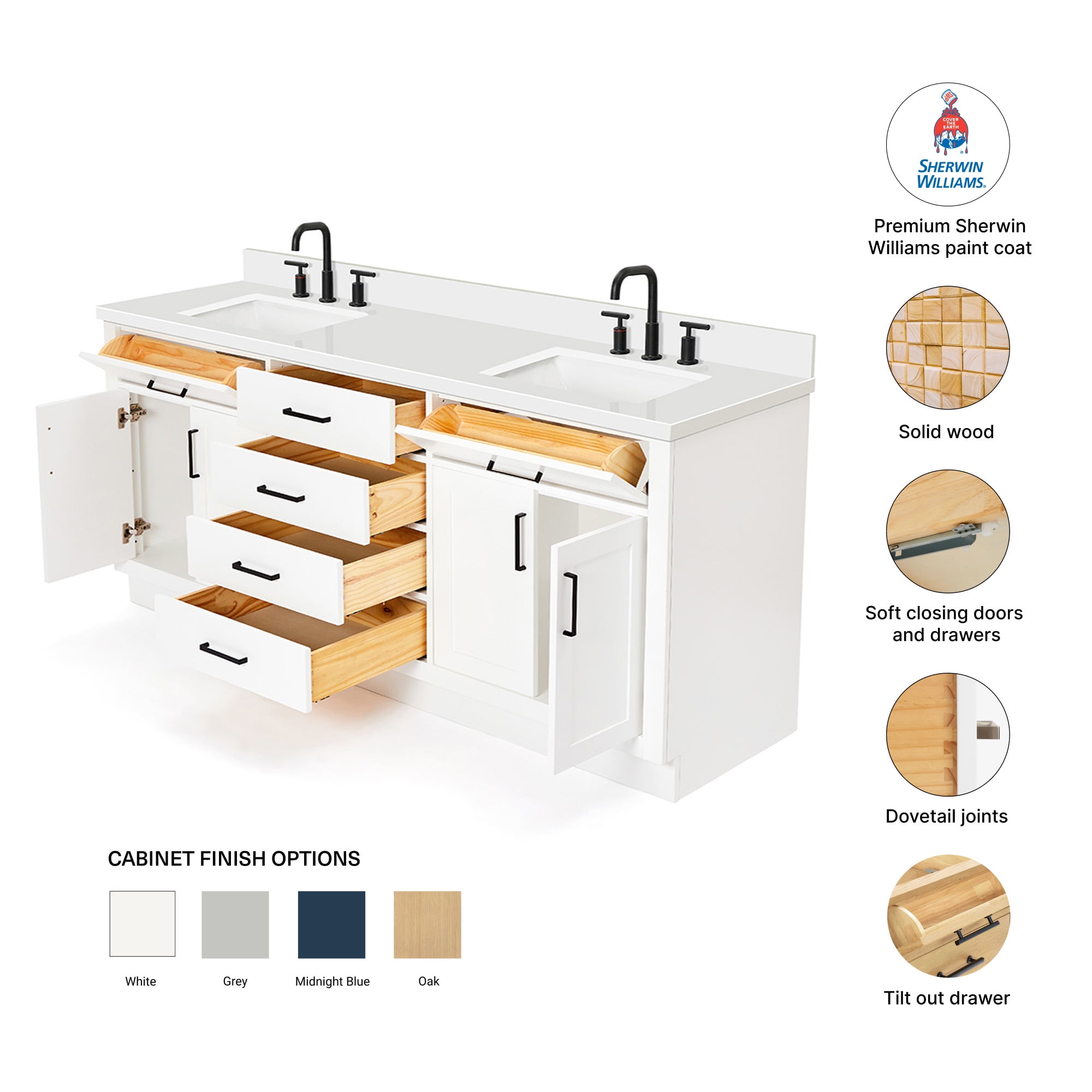 ARIEL 73" White Double Vanity, 1.5" Edge Pure White Quartz Countertop & Splash, Rectangular Sinks, 4 Soft Closing Doors, 6 Full Extension Dovetail Drawers, Toe Kick, Matte Black