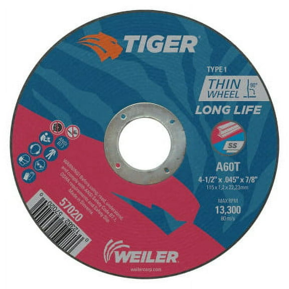 Tiger® AO Cutting Wheel, 4-1/2 in dia x 0.045 in Thick, 5/8 in-11 UNC Arbor, A60T, Type 27
