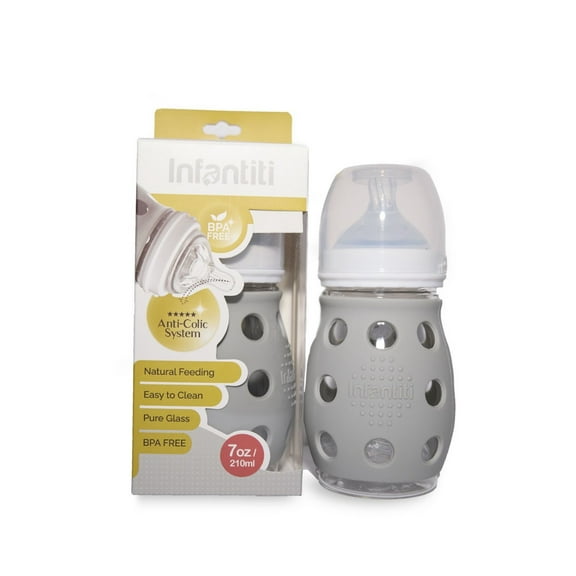 Infantiti Germ-Free Glass Baby Bottle with Drop Protection & Transition Nipple