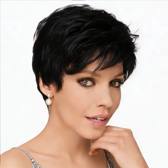 XIEANDKONG Short Black Bob Wig with Bangs, Layered Synthetic Pixie Cut Wig for Women