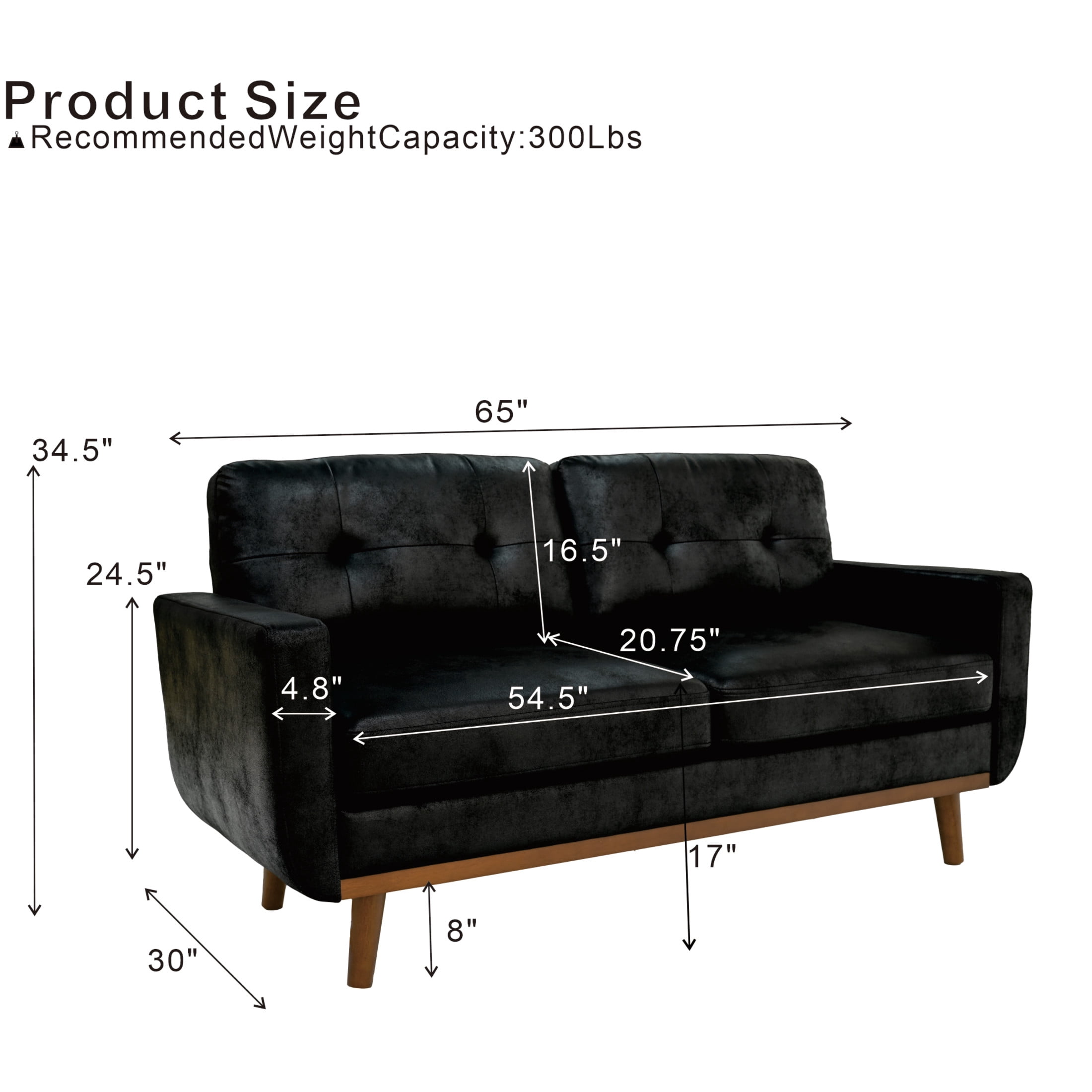 Noble House 65" Mid-Century Modern Loveseat Sofa, Breathable Foil Fabric Upholstery, Black