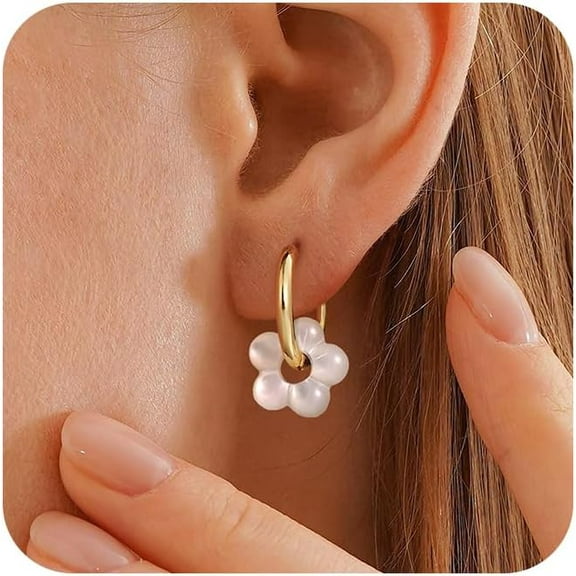 Gold Pearl Earrings For Women, 14K Gold Plated Pearl Drop Dangle Huggie Hoop Flower Earrings, Hypoallergenic Dainty Gold Earrings for Women Trendy Wedding Brides Jewelry Gifts