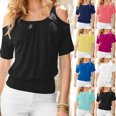 

Bazyrey Womens Round Neck Shirt Fashion Casual Blouse Loose Off-shoulder Corset Solid Color Short-sleeved TopsL