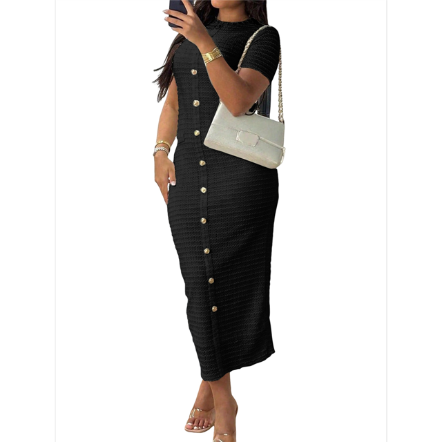 Robe de Cocktail Midi Moulante Texturée pour Femme à Boutons avec Poches, Noire, TP