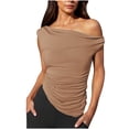 thumbnail image 3 of HOMBOM Cutout Summer Tops for Women Off Shoulder Khaki Pleated Solid Color V-Neck Sleeveless Tee Shirt, 3 of 6