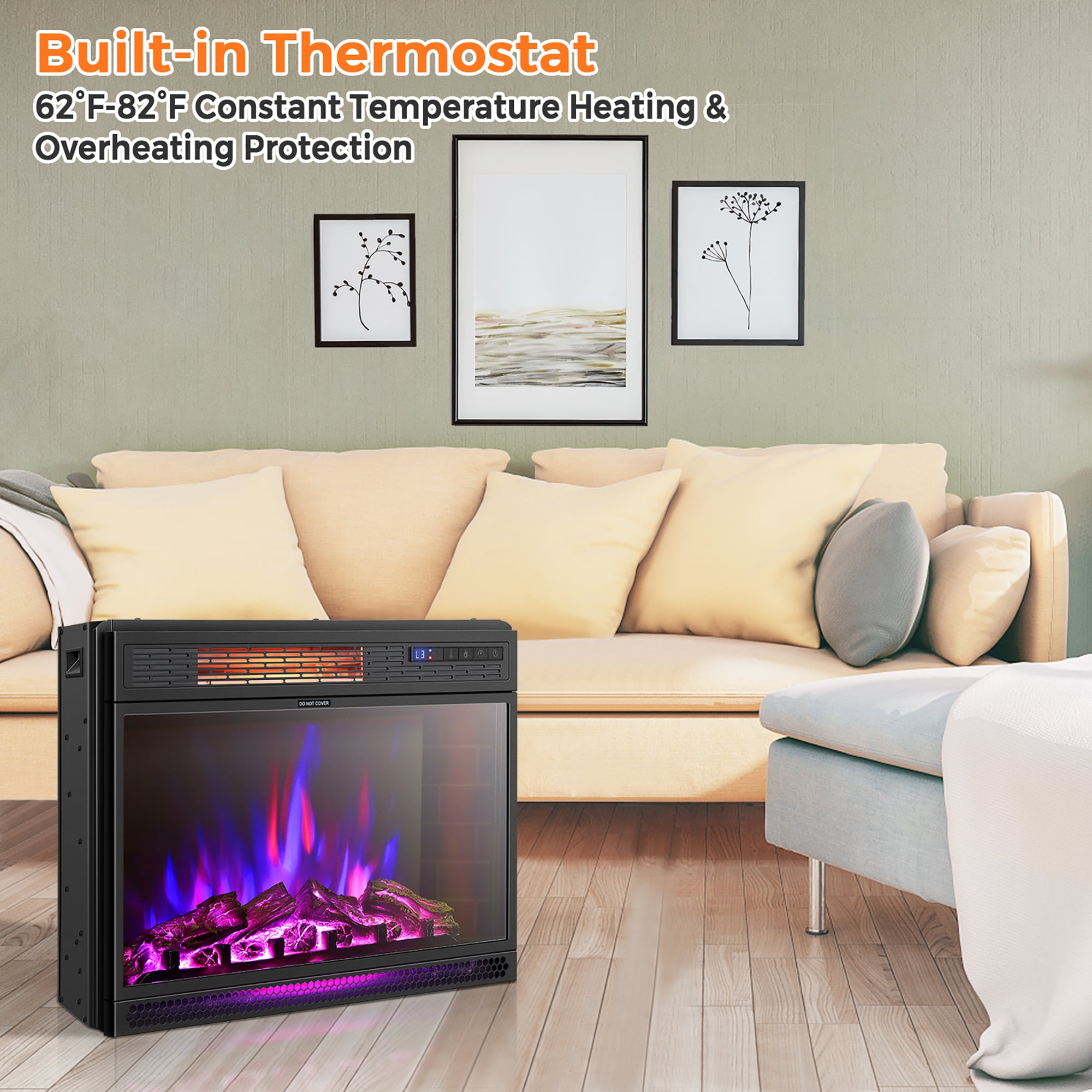 Costway 25''Electric Fireplace Freestanding & Recessed Heater Log Flame Remote 1350W