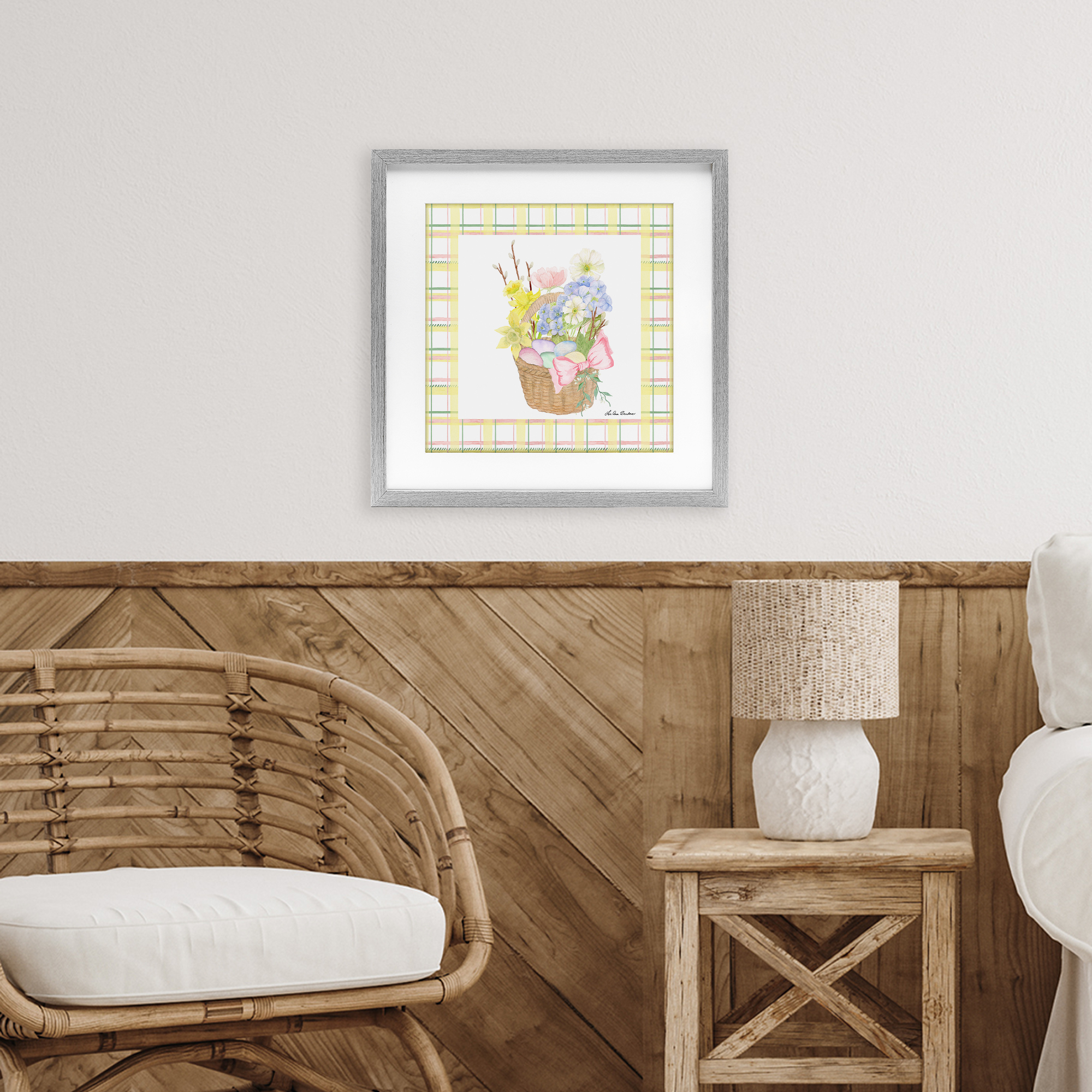 Spring Basket on Plaid Gray Framed Print Under Glass, design by Lee Ann Sanders