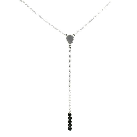 Sterling Silver Black Onyx Stone Beads Bar Linear Drop Y-Shaped Cable Necklace, 19" 2" Extender