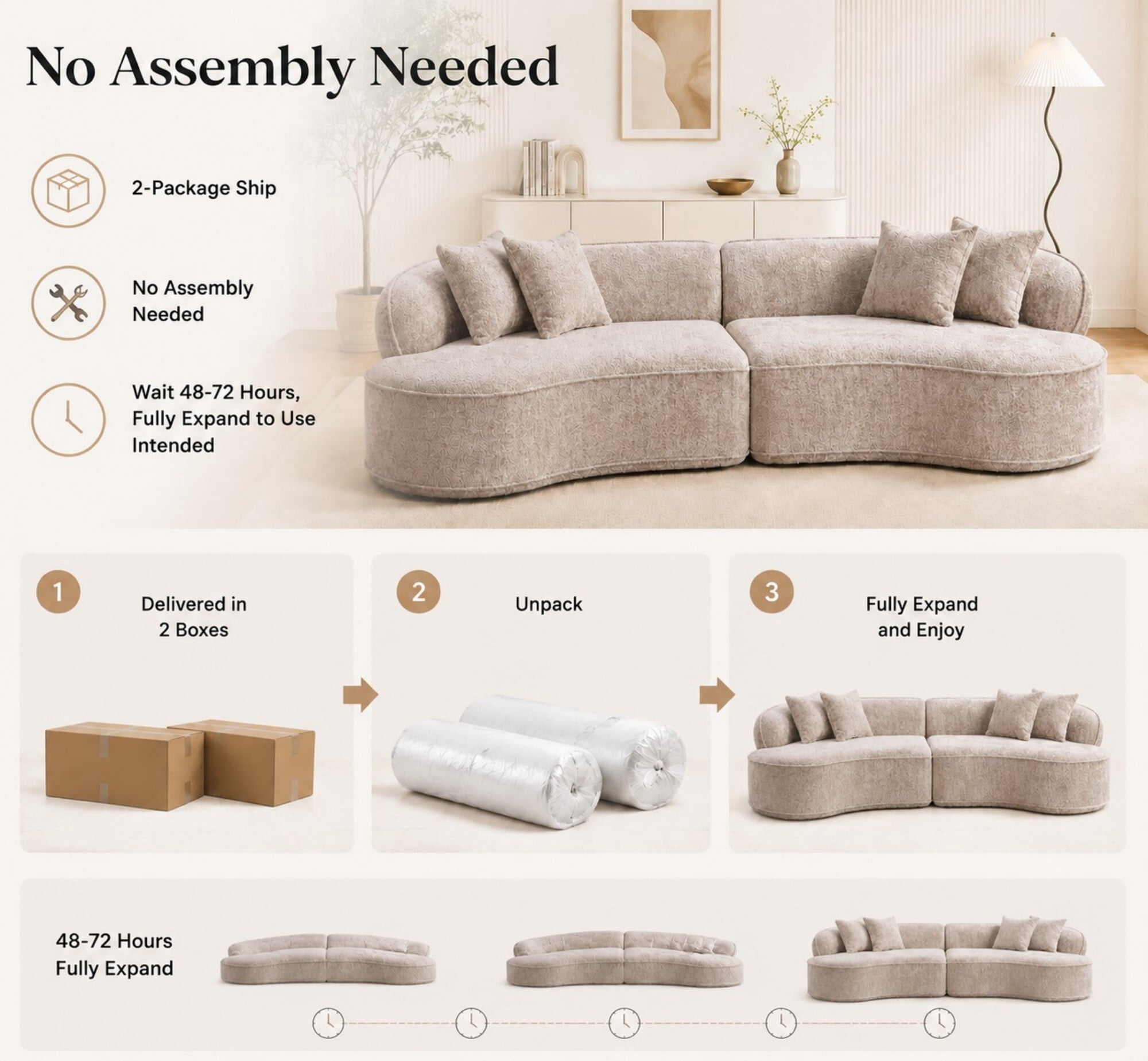 DEALTOPS 114" Modular Boucle Curved Sectional Sofa, 4-Seater Cloud Couch with No Assembly, Oatmeal
