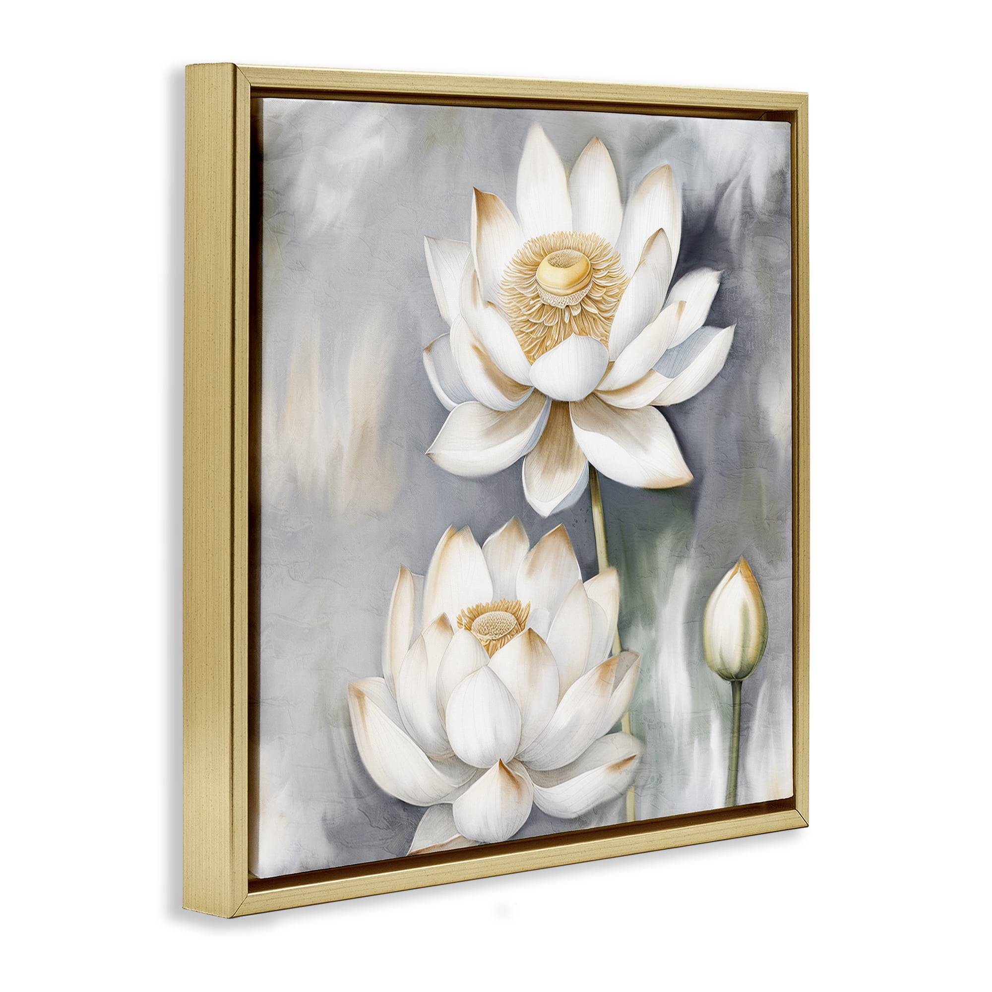 Stupell Industries Budding White Lotus Plants & Flowers Painting Gold Floater Framed Canvas Art Print Wall Art, 18 x 18