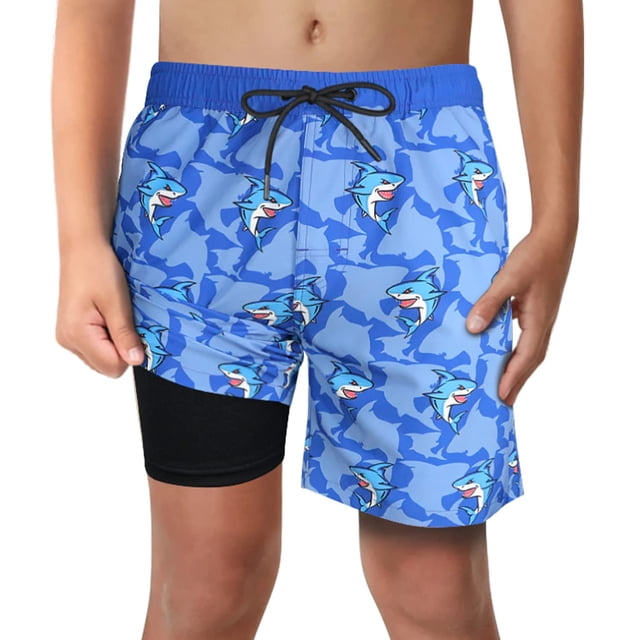 Bañador Angry Shark para niños con forro bóxer, antirozaduras y sin malla, con forro de compresión, elástico en 4 direcciones, UPF, de secado rápido, tallas 10 a 12