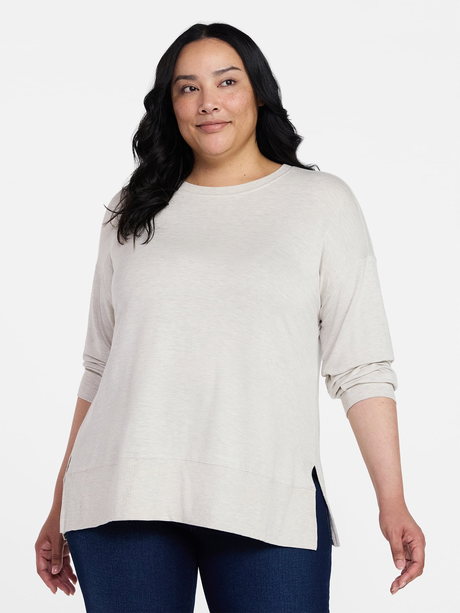Time and Tru Women's French Terry Tunic Top with Long Sleeves, Sizes XS-XXXL