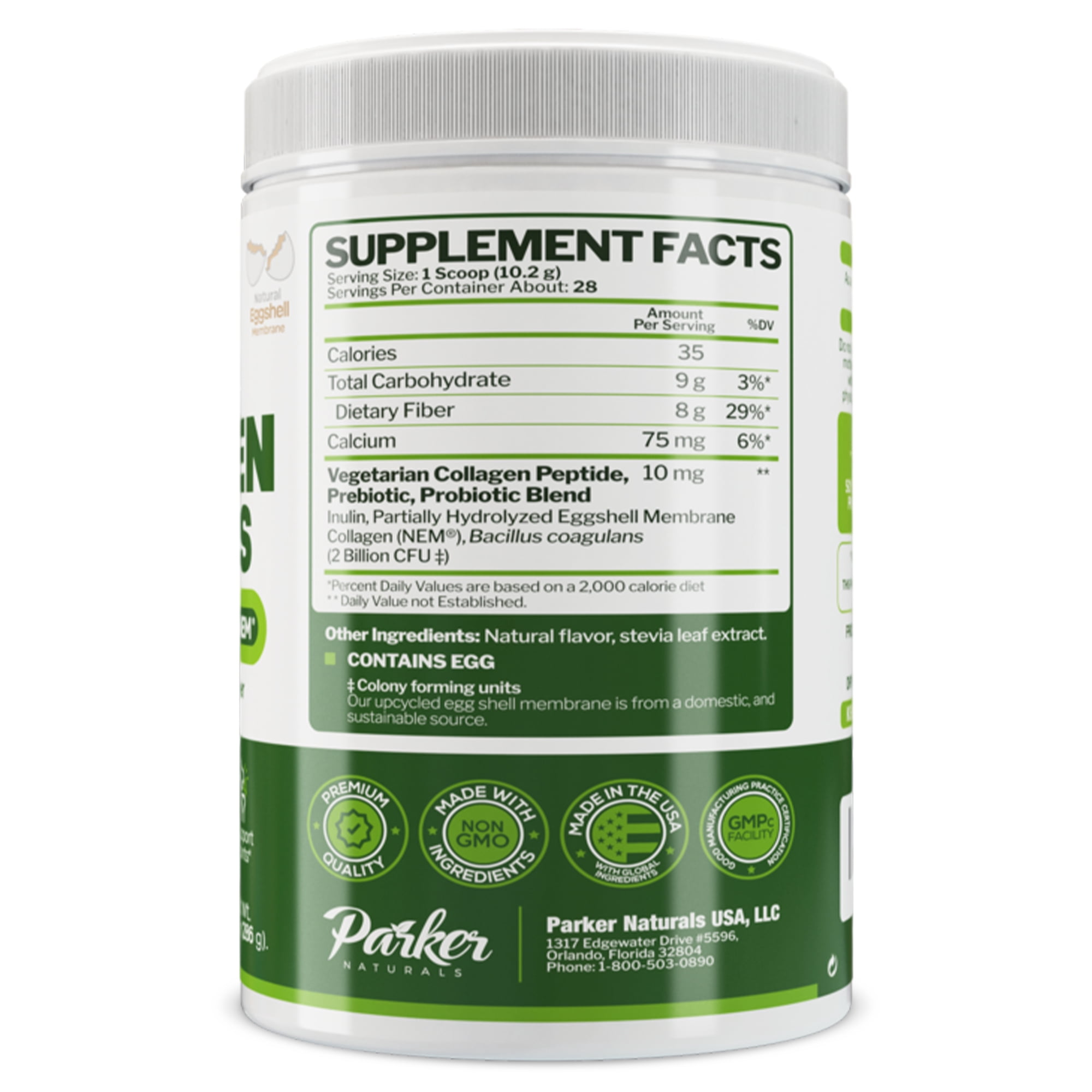 Parker Naturals Vegetarian Collagen Peptides Powder with NEM, Prebiotic and Postbiotic Blend for Skin, Hair, Gut and Joint health, 28 servings