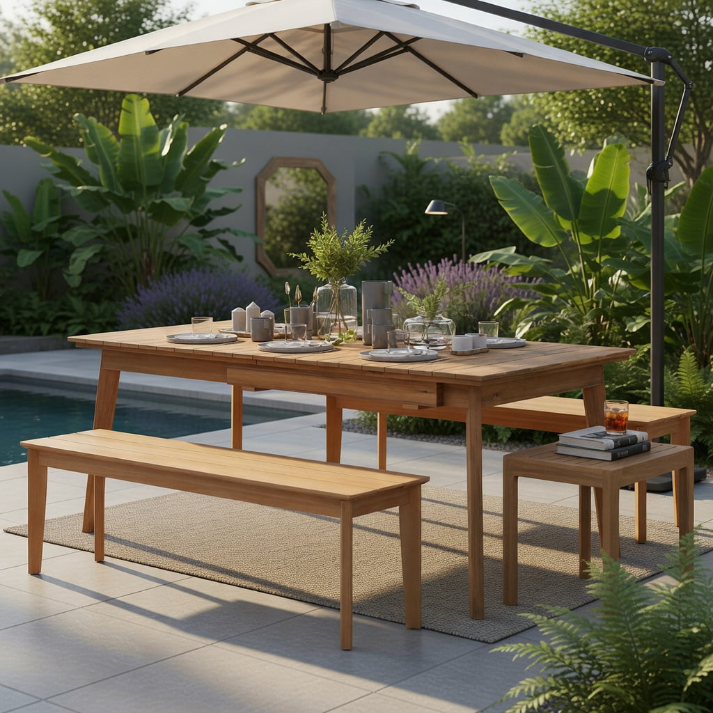 Hommoo 55" Outdoor Teak Wood Bench, Weather-Resistant, Patio & Garden Seating for 3, Natural