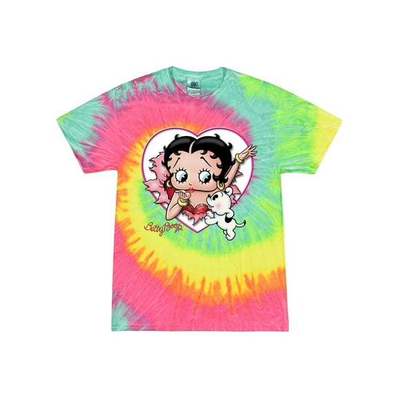 Wild Bobby Betty Boop Heart Blowing Kiss Pudgy Dog Betty Boop Tie-Dye T-Shirt, Minty Rainbow, Medium