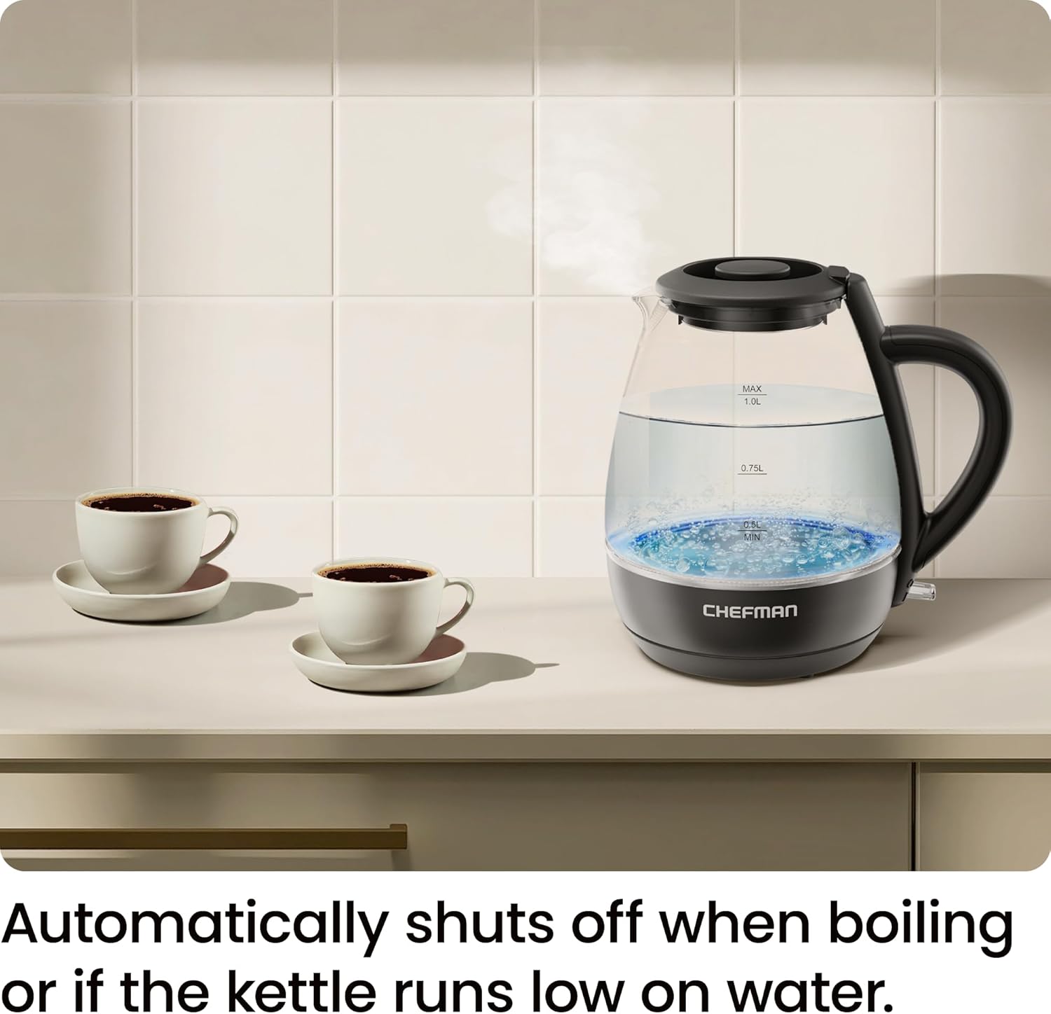 Chefman 1-Liter Electric Glass Kettle with LED Indicator, Black photo 5